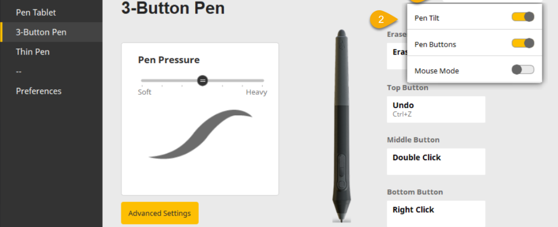 điều chỉnh độ nghiêng của bút stylus